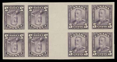 CANADA  149civ, 150civ, 153civ,The set of three imperforate tête-bêche blocks of eight, wide 17mm vertical gutters between blocks and narrow 3mm horizontal gutters between rows; one cent with tiny natural inclusion. A beautiful set with bright colours, VF NH (Unitrade cat. as blocks of four)