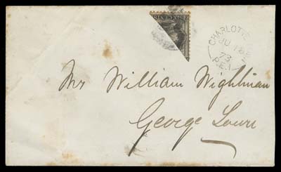 PRINCE EDWARD ISLAND  1873 (June 18) Cover from Charlottetown to Georgetown franked with a rare diagonal bisect of the 6c black paying the 3c letter rate, tied by segmented cork, neat Charlottetown JU 18 73 split ring dispatch at right, light next-day receiver backstamp; slightly reduced at right and some foxing spots, still quite nice for this - fewer than a dozen exist, Fine; 1976 BPA cert. (Unitrade 15b cat. $3,000)