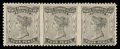 PRINCE EDWARD ISLAND  9a, 9g,A mint horizontal strip of three imperforate vertically between all stamps, F-VF NH, scarce