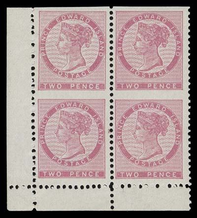 PRINCE EDWARD ISLAND  5vi,Lower left margin block imperforate horizontally between stamps, trivial natural gum skip on left pair, an elusive and appealing perforation variety, VF NH