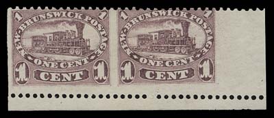 NEW BRUNSWICK  6b,Lower right margin pair imperforate vertically, without gum as are all known pairs; an appealing positional pair, Fine