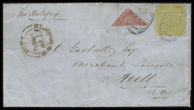 NEW BRUNSWICK  1860 (February 20) Folded lettersheet from St. John, NB via Halifax to England, light overall soiling, proper 7½p franking consisting of a diagonal bisected 3p dull  red and a single 6p olive yellow, latter creased, both tied by neat oval grid 