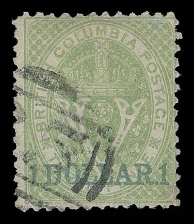 BRITISH COLUMBIA  18,A scarce used single with intact perforations and showing portion of a grid 
