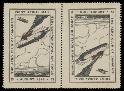 CANADA  CLP2g,Aero Club of Canada with numerals in lower corners, a tête-bêche mint pane of two, one with couple nibbed perfs, otherwise in an exceptional state of preservation, VF NH