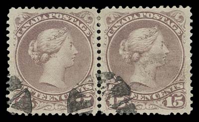 CANADA  29b,A well centered pair of this early dull shade of red lilac, unusual small segmented cork cancels, VF