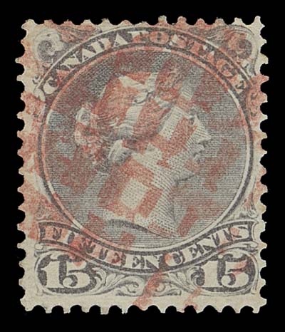 CANADA  29a,Used single of the scarcer perforation with a highly unusual cork cancel IN RED; a rare coloured cancelled stamp, Fine+