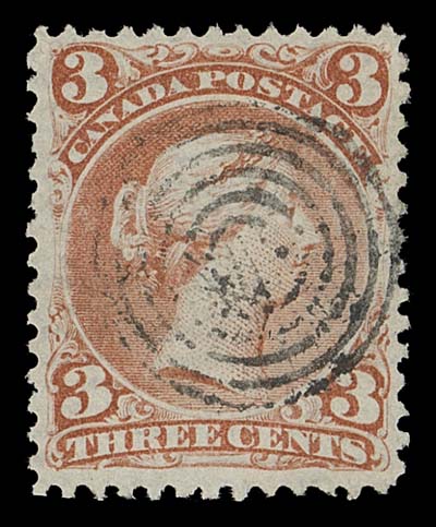 CANADA  33,A fabulous used example of this notoriously difficult stamp, very well centered with exceptionally fresh colour, on pristine paper with prominent laid lines and in flawless condition, neat central concentric rings cancellation and superb in all respects, Extremely Fine and rarely seen thus; ex. Harry Lussey (August 1980; Lot 271)