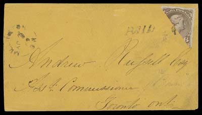 CANADA  1869 (July 2) Orange envelope mailed from Millington to Toronto, showing a choice diagonal bisect of the 6c brown tied by PAID (italic) handstamp, additional strike at left and same-ink Millington C.W. split ring with inverted indicia "JY" and manuscript filled-in "2" date; slightly reduced and portion of backflap missing, partial Beaverton transit and same-day Toronto JY 2 backstamp. A very scarce and striking example of a provisional usage of the 6 cent Large Queen, half used for the 3 cent domestic letter rate, Fine; 1975 PF cert. (Unitrade 27d, cat. $4,000)Millington is currently a Ghost Town; it was once a farming community with a population in 1869 of about 60.
