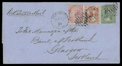 CANADA  1864 (November 19) Clean blue folded cover endorsed "Per Cunard Mail" with three colour franking to Scotland - 1c, 12½c (both perf 12x11¾) and a 5c (perf 11¾x12) all tied by diamond grids, clear Toronto split ring at left, clever repair to 1c; Glasgow DE 5 1864 circular backstamp. An unusual franking (overpaid by 1½ cent) to the United Kingdom, VF (Unitrade 14viii, 15, 18)

According to the Firby census, this is the only one recorded to the United Kingdom franked with single 1c, 5c and 12½c.