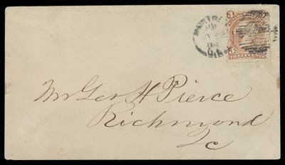 CANADA  1868 (July 22) Clean cover from Montreal to Richmond, Quebec, franked with a 3c bright red on laid paper, sealed tear at bottom right, tied by somewhat blurry Montreal JY 22 68 duplex,  Richmond, C.E. JY 23 1868 double arc receiver backstamp, F-VF  (Unitrade 33)

The recent census by Wayne Smith reports a total of only 34 covers franked with a 3 cent on laid paper; of these 7 were mailed from Montreal. We have seen one similar 3c laid paper franked cover from the same correspondence, postmarked at Montreal JY 15 68 and is ex. Dale-Lichtenstein, Firth.