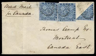 NOVA SCOTIA  1859 (August 22) Small envelope from Wolfville to Montreal, Lower Canada; some  faults and portion of backflap missing not affecting the  impressive franking which is in sound condition and consisting of two singles and a diagonal bisect of the 3p blue on bluish wove  paper, all large margined and tied by light grid cancels; paying  the sauce 7½ pence letter rate TO CANADA, carried biweekly from  Halifax closed mail via the United States; on reverse Wolfville,  NS AU 22 1859 dispatch, oval "H" (Halifax) AU 22 transit and  Montreal AU 28 receiver backstamps. A remarkable cover displaying what is quite likely the only known such franking to Canada,  Fine (Unitrade 2, 2a)According to Arfken & Firby census in "The Pence Covers of Nova  Scotia and New Brunswick 1851-1860", there are five recorded 7½p  rate covers to Canada; all are franked with a single 6 pence  (either yellow green or dark green) and a bisected 3 pence.