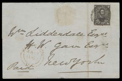 CANADA  1860 (January 27) Folded cover from Kingston, U.C. to New York, bearing a very fine example of the elusive 10c black brown, perf 11¾ tied by a four-ring numeral (likely 