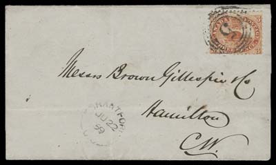 CANADA  1859 (June 22) Folded printed notice from Brantford to Hamilton, bearing an attractive 3p red perf 11¾ with typical centering for the issue and bright fresh colour, tied by neat four-ring 