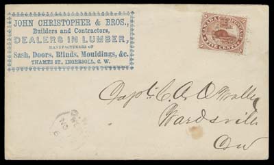 CANADA  1866 (November 17) John Christopher & Bros. Dealers in Lumber typographed in blue advertising cover, slightly reduced at right, franked with a 5c vermilion perf 12 cancelled by light G.W.R. / West NO 17 66 RPO split ring, second strike at left, addressed to Wardsville, Newbury NO 17 and partial large CDS of Wardsville on back, VF; ex Vincent Greene (Unitrade 15)