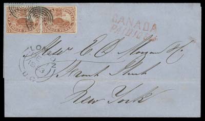 CANADA  1853 (December 1) Clean folded cover from London, U.C. to New York bearing a horizontal pair of 3p brown red on medium wove paper, tiny scissor cut at foot just touching lower frame of right stamp, otherwise well clear to full margins, tied by concentric rings, neat London, U.C. DE 1 1853 double arc dispatch, border exchange office CANADA / PAID 10 Cts handstamp in red, light horizontal file fold well away from franking and no receiver backstamp as customary. A lovely cover paying the 6 pence rate to the US, VF (Unitrade 4a)