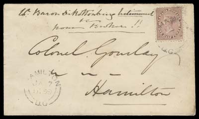 CANADA  1859 (January 7) Local drop rate cover bearing a quite well  centered ½p in a deeper rose shade, perf 11¾, tiny perf flaw at  top left, unusually tied by a Hamilton JA 7 1859 double arc CDS,  additional dispatch strike at left; a very early usage of the  perforated Half penny, among the earliest of the 14 recorded  Local Drop ½p rate covers franked with this stamp, F-VF  (Unitrade 11)