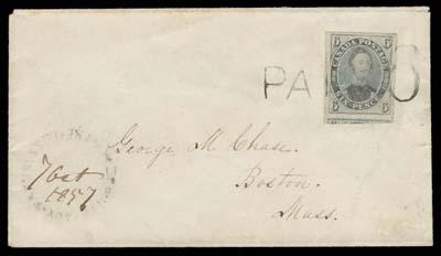 CANADA  1857 (October 7) Small envelope bearing an imperforate 6p slate grey on medium wove paper, very large margins including part of adjacent stamp at foot, faint discoloration but tied by PAID 6 handstamp, partly legible Pointe-Aux-Trembles Montreal broken circle with filled-in "7 Oct 1857" date, addressed to Boston with Montreal OC 8 transit backstamp. A striking cover, VF (Unitrade 5)
