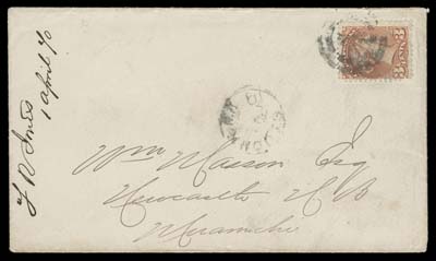 CANADA  1870 (April 1) Cover franked with the elusive 3c copper red, First Ottawa printing perf 12½, small fault at lower left corner, tied by two-ring numeral cancel, St. John NB AP 1 70 CDS dispatch, sent to Miramichi and backstamped with Newcastle AP 4 1870 double arc on arrival, Fine; 2002 Greene Foundation cert. (Unitrade 37d)