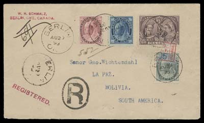 CANADA  1898 (August 29) Mixed-issue franked cover mailed registered to Bolivia, with 10c Jubilee, 5c Leaf and 1c & 3c Numerals tied by Berlin, Ont. CDS dispatch, oval "R" registered handstamp, sent via New York where a registered label was affixed; on reverse Toronto AU 29 98 and New York double oval 8 - 31 1898 registration transit; a rare Victorian era destination cover, VF (Unitrade 57, 70, 75, 78)
