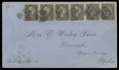 CANADA  1887 (March 28) Blue cover with preprinted address at Plymouth, Michigan franked with horizontal strip of six ½c black Large Queen perf 12, light vertical crease and perf fault on fifth and sixth stamps respectively, tied by neat cork cancels, Galt CDS dispatch at left; an impressive multiple franking paying the 3 cent per half ounce letter rate to the USA. Only 8 such frankings have been recorded in the census compiled by Wayne Smith, F-VF (Unitrade 21) ex. "Victoria" Collection of Canada (Danam, July 1981; Lot 133)