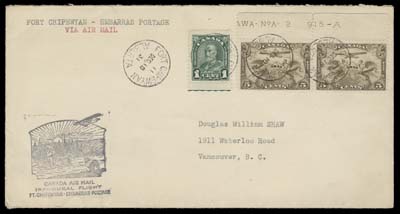 CANADA  Three flight covers bearing a "Swollen Breast" variety (Plate 2, UR Pane, Pos. 4); two with #C1 are Fort Chipewyan, Alberta - Embarraas Portage DE 18 31 flight covers; the third Val D