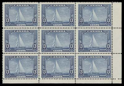 CANADA  216i,Mint corner block of nine showing the elusive "Shilling Mark" variety on the upper left stamp, F-VF NH