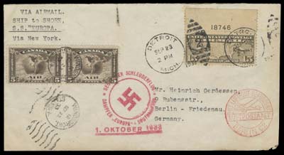 CANADA  1933 (September 23) Flight - Catapult Mail cover endorsed "Via airmail. Ship to Shore, S.S. "Europa" via New York, mailed from Windsor, Ont. with pair of 5c olive brown airmail and US 15c airmail tied by Detroit SEP 23 duplex, carried by ship likely to Southampton with unusual Steamship "EUROPA" Catapult Flight "swastika" dated cachet in red ties Canadian airmail stamp and the flown to Berlin with 2.10.33 arrival CDS backstamp. A highly unusual and no doubt very scarce Catapult flight cover, VF (Unitrade C2 + US Scott C8)