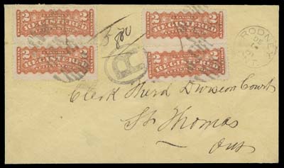 CANADA  1889 (December 14) Yellow envelope bearing an exceptional franking consisting solely of 2c vermilion shade Registered Letter stamps, a pair and two singles tied by segmented grids, oval "R" registered handstamp ties one single, Rodney, Ont. dispatch CDS. Contrary to postal regulations the cover was delivered (and not sent to the DLO), RPO transit and St. Thomas DE 14 89 duplex receiver backstamps. A wonderful cover paying the 3c letter rate and 5c registration (effective May 8, 1889), VF (Unitrade F1a)