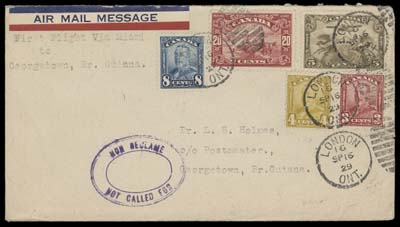 CANADA  1929 (October 2) Montreal to Buenos Aires, Argentina first flight cover bearing 50c Bluenose, 20c harvesting and two 5c brown olive airmails tied by OC 2 29 postmarks; Cristobal Canal Zone transit and Buenos Aires OCT 14 arrival CDS, paying 5c UPU postage + 75c airmail surcharge, VF; also a 1929 (Sept. 16) first flight cover to Georgetown, British Guiana franked with Scott #151, 152, 154, 157 and C1 (40 cent rate).