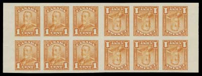 CANADA  149c, 153c,Two mint imperforate tête-bêche booklet panes showing the narrow (4.5mm wide) vertical gutter between, the One cent in selected mint NH quality; the Five cent with a light diagonal crease mostly in the gutter margin and some light gum disturbance, VF (Unitrade cat. $3,375)