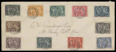 CANADA  1897 (June 22) Large cover franked with the 1897 Diamond Jubilee ½c to 50c, each tied by superb St. Henri de Montreal postmark (the fourth day of issue); envelope has light vertical crease and couple small edge faults away from the stamps; a colourful cover, F-VF (Unitrade 50-60)