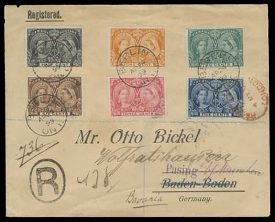 CANADA  1899 (April 24) Registered cover to Pasing, Bavaria, redirected to Wolratshausen, franked with Diamond Jubilee ½c to 6c tied by Berlin AP 24 99 CDS postmarks, 5c further tied by red oval Registered London 4 MY 99 transit; on reverse Toronto and two different German datestamps. Minor cover wrinkling in no way detracts, F-VF (Unitrade 50-55)
