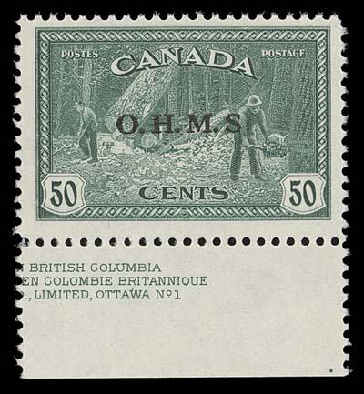 CANADA  O9a,Reasonably centered mint single showing no period after "S" variety (Pos. 47), portion of Plate 1 imprint in lower margin, faintest trace of hinging, F-VF