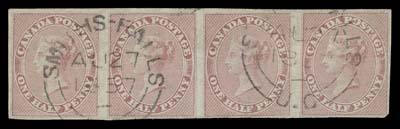 CANADA  8,A rare used horizontal strip of four, margin barely touches lower frame of third stamp, vertical crease between pairs, minor faults on second and fourth stamps, other two in sound condition, attractively postmarked with Smiths Falls, U.C. AU 27 1857 double arc postmarks (first month of usage), Fine appearing, a rarely seen used multiple with dated postmarks.