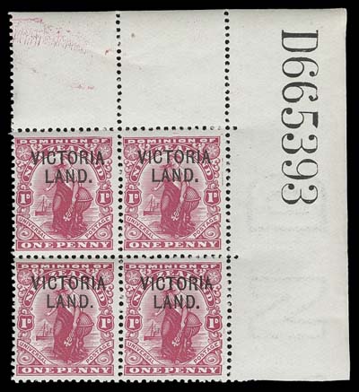 NEW ZEALAND  131d,A fresh mint corner block with serial number, LH in selvedge only, stamps are F-VF NH (SG A3 for hinged singles £220)