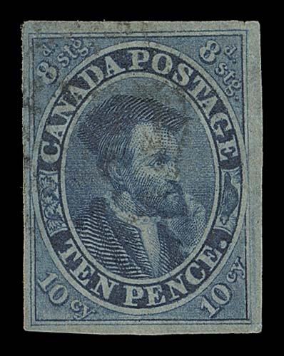 CANADA  7i + variety,A sound used single with light, indistinct cancel, showing a  Re-entry (Pos. 44) with doubling marks in "P...GE" of POSTAGE, in PENCE, short transfer variety at foot, F-VF; 2001 Greene  Foundation cert. (as a normal #7, catalogue value as such)