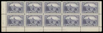CANADA  226,A mint lower left Plate 1 strip of ten, light fold, well centered and fresh, VF NH