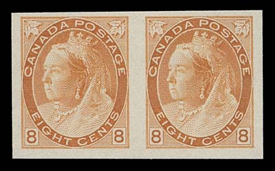 CANADA  74v, 75vi, 77d, 79ii, 82ii, 83ii,Six different imperforate pairs ungummed as issued, includes  ½c, 1c, 2c carmine in the scarcer Die II, 5c, 8c and 10c. All  with full to very large margins and bright colours, VF-XF  (Unitrade cat. $5,950)