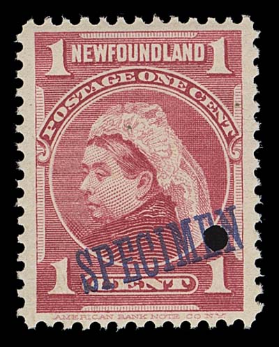 NEWFOUNDLAND  78-86,The complete set of forty-seven mint singles, each with American  Bank Note security punch and Specimen overprints of various types and colours representing all known printing orders, displaying a wonderful range of shades, papers and gums in use between 1897 and 1910.  Generally only one sheet of 100 for each printing order was  produced, NH and mainly with VF centering