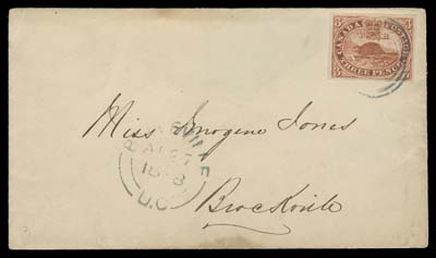 CANADA  1858 (August 27) Small envelope mailed from Belleville to Brockville, franked with a full margined 3p deep red on thick hard wove paper tied by a light four-ring numeral in dark blue, same-ink Belleville AU 27 1858 double arc dispatch; small portion of backflap missing, faint Brockville AU 28 receiver, VF; 2019 Greene Foundation cert. (Unitrade 4v)