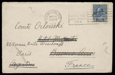 CANADA  1914 (April 15) Cover mailed to Argentina and forwarded to France without penalty according to UPU regulations, bearing a 5c blue tied by Hamilton slogan datestamp, Buenos Aires MY 19 1914 backstamp, F-VF (Unitrade 111)