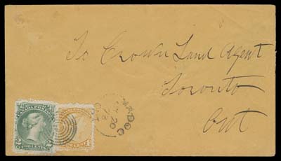 CANADA  1873 (May 20) Orange cover from Madoc to Toronto, showing  mixed-issue franking of a well centered Large Queen 2c emerald  green shade clearly showing the Major Re-entry (Pos. 7) alongside a Small Queen 1c yellow orange, First Ottawa printing, both  cancelled by concentric rings and 1c tied by Madoc split ring;  part of backflap missing, Toronto MY 21 73 receiver CDS. An  appealing mixed-issue franking, ideal for the specialist, VF  (Unitrade 24v, 35ii)