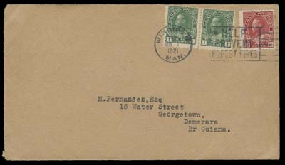 CANADA  1921 (November 1) Brown cover from Winnipeg to Georgetown, British Guiana, franked with pair of 1c yellow green and a 2c carmine tied by Winnipeg slogan; on reverse Georgetown 14 NOV 21 CDS receiver; pays British Empire rate of 1c + 3c per ounce (effective October 1st, 1921), scarce destination, VF (Unitrade 104e, 106)