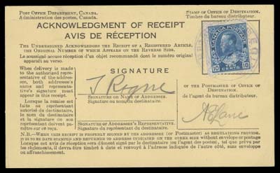 CANADA  1923 (November 16) Avis de Réception pre-printed yellow card,  requested after mailing of registered matter; fee totalled 20 cent for this late-fee service (effective Oct. 1st 1921) bearing a  10c blue on front tied by Regina CDS and another affixed on back over original datestamp and returned to Regina. A highly unusual and  very rare 20 cent fee for delayed request for Acknowledgement of  Receipt, VF (Unitrade 117)