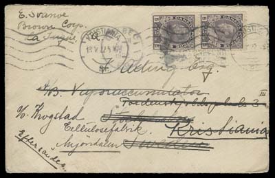 CANADA  1922 (May 1) Cover with letter content from Quebec to Sweden, redirected to Kristiania (Oslo), Norway and then to nearby Mjondalen, franked with vertical pair of 5c rose violet with natural straight edge at left, tied by Quebec slogan datestamp; on reverse clear Stockholm 14.5.22 arrival and 17.5.22 dispatch, Kristiania 18 V 22 dispatch ties the franking. Pays 10 cent UPU rate (first ounce), no penalty for redirection to Norway, VF (Unitrade 112ii)