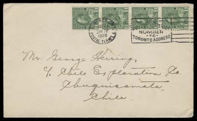 CANADA  1928 (May 21) Cover from Toronto to Chuquicamata, Chile (a famous copper mining town) franked with 2c yellow green (dry printing) strip of four tied by superb Toronto slogan datestamp, corner wrinkle touches one stamp, light Antofagasta transit and Chuquicamata receiver backstamps; pays 8 cent (first ounce) UPU letter rate to Chile effective until June 30, 1930, VF (Unitrade 107iv)