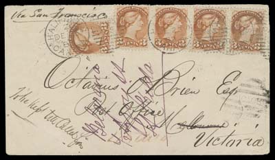 CANADA  1882 (December 26) A beautiful cover endorsed "Via San Francisco" franked with single and horizontal strip of four 3c orange red, Montreal printings perf 12, tied by clear Halifax duplex datestamps to Melbourne, Victoria State (Australia), red crayon "45ctm" accountancy marking interprets to 9 cent credit to US, clear Windsor DE 30, San Francisco JAN 5  and Melbourne FE 12 83 receiver backstamps; envelope with couple light folds, one lightly touching third stamp in the strip, nevertheless a great cover paying the non-UPU letter rate of 15c via the United States, VF (Unitrade 37)Provenance: "Midland", January 2004; Lot 468                    S.J. Menich, June 2000; Lot 87                   George Arfken, May 1997; Lot 1001