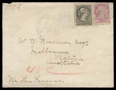 CANADA  1887 (June 22) Envelope endorsed "Via San Francisco" at foot,  bearing a 5c dark olive green and a 10c magenta, Montreal  printings perf 12, latter with couple perf flaws, tied by  Brantford duplex datestamps, addressed to Melbourne, Victoria  State (Australia), red crayon "45c" accountancy mark equals 9c  credit to US, light San Francisco datestamps and Melbourne JL 29  CDS backstamps; small corner fault at top left. An attractive 15c non-UPU letter rate to Australia via the United States, in effect between April 1879 and December 1888, VF (Unitrade 38, 40a)

Provenance: "Midland", January 2004; Lot 481
                   George Arfken, May 1999; Lot 1007

Only three covers (includes this cover offered here) showing a Ten cent Small Queen stamp have been reported to Victoria State (Australia), all three are rated 15 cent (and also bears a 5 cent stamp).
