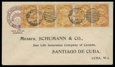 CANADA  1903 (November 18) Sun Life cover to Cuba franked with vertical pair and strip of three of 1c Jubilee, tied by Montreal duplex; portion of Santiago de Cuba NOV 25 CDS receiver backstamp; an impressive Diamond Jubilee 5c UPU franking to Cuba, VF (Unitrade 51)