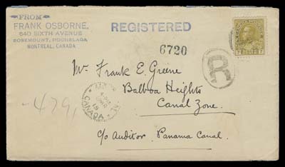 CANADA  1915 (March 8) Clean registered cover to Canal Zone with single-franking 7c greenish yellow tied by light oval "R" handstamp, second strike below with Montreal 8 MR 15 CDS, pays the preferred 2c per ounce (in effect until April 14, 1915), plus 5c registration; two different New York transits and Bilboa Heights MAR 17 receiver backstamps; a scarce combination of rate and destination, VF (Unitrade 113iv)